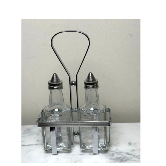 Vintage Oil & Vinegar Cruet Set with Metal Rack Glass Bottles Mid-Century Modern - Picture 1 of 7